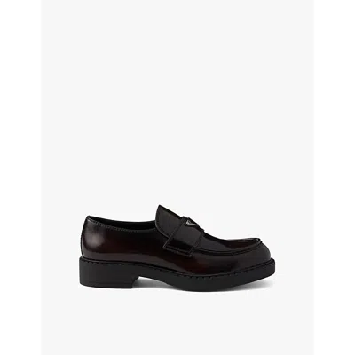 Prada Mens Brown Chocolate Logo-plaque Brushed Leather Loafers In Black