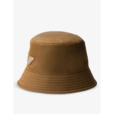 Prada Mens Brown Logo-badge Recycled-nylon Bucket Hat