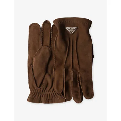 Prada Mens Brown Logo-embellished Suede Gloves