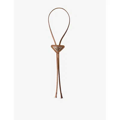 PRADA MENS BROWN TRIANGULAR LOGO-PLAQUE LEATHER BOLO T
