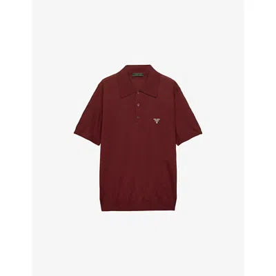 Prada Mens Burgundy Embroidered-logo Superfine Wool Polo Shirt In Red