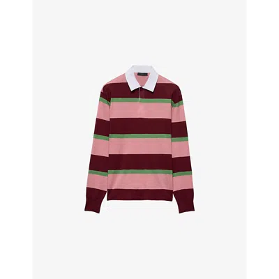 PRADA MENS BURGUNDY STRIPED SILK-COTTON POLO SHIRT