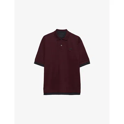 Prada Mens Burgundy Triangle-appliqué Cotton-jersey Polo Shirt