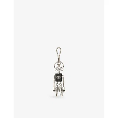 PRADA MENS GOLD/SILVER ROBOT SAFFIANO LEATHER KEYCHAIN CHARM