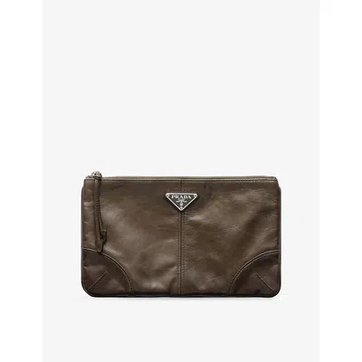 Prada Mens Green Leather Logo-embellished Leather Pouch In Brown