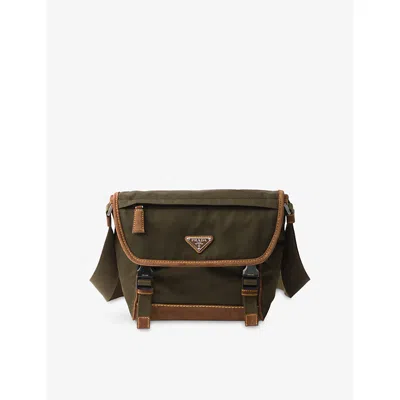 PRADA MENS GREEN RE-NYLON MEDIUM WOVEN AND SUEDE SHOULDER BAG