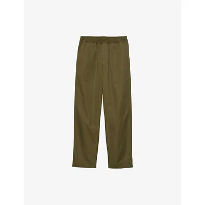 PRADA MENS GREEN TRIANGLE-APPLIQUÉ SLIM-FIT COTTON TROUSERS