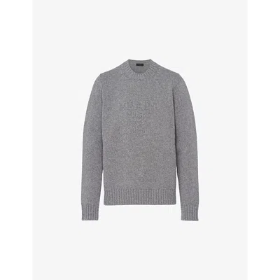 PRADA MENS GREY BRAND-EMBROIDERED CREWNECK WOOL AND CASHMERE-BLEND JUMPER