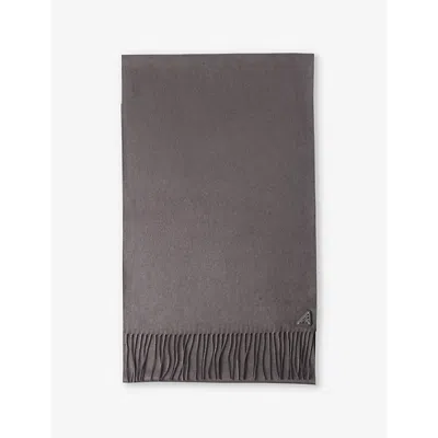 Prada Mens Grey Logo-plaque Fringed-trim Silk And Cashmere-blend Scarf