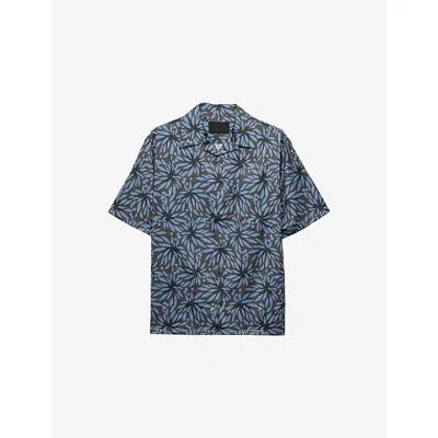 Prada Mens Grey Printed Cotton Bowling Shirt Xs In Blue