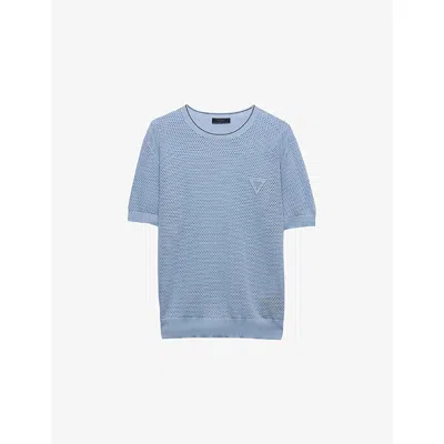 Prada Mens Light Blue Triangle-logo Mesh-knit Cotton And Silk-blend T-shirt