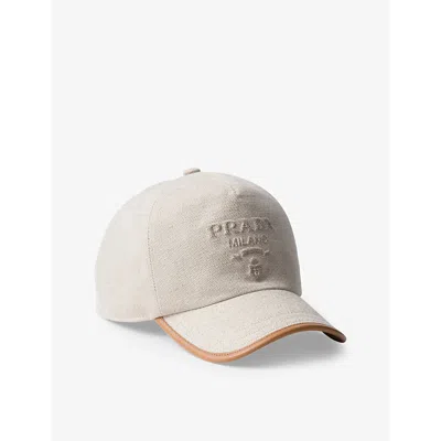 PRADA MENS NEUTRAL BRAND-DEBOSSED LINEN-BLEND AND LEATHER BASEBALL CAP
