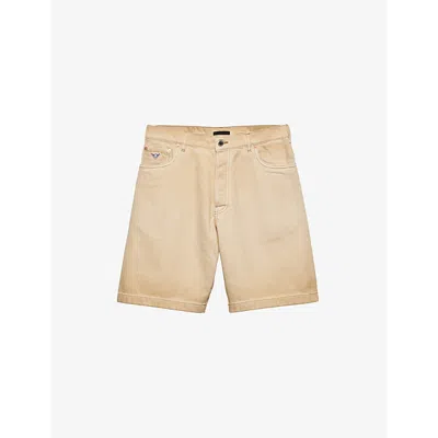 PRADA MENS NEUTRAL BRAND-PLAQUE FADED-WASH DENIM SHORTS