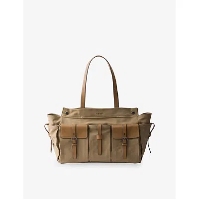 Prada Mens Neutral Route Canvas And Leather Tote Bag In Brown