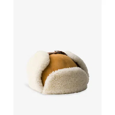 Prada Mens Neutral Shearling Suede Trapper Hat In Brown