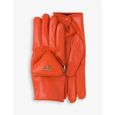 Prada Mens Orange Pouch-embellished Leather Gloves