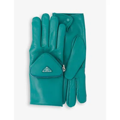 Prada Mens Peacock Pouch-embellished Leather Gloves