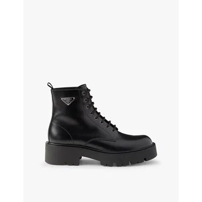 Prada Mens Black Brand-plaque Brushed Leather Combat Boots
