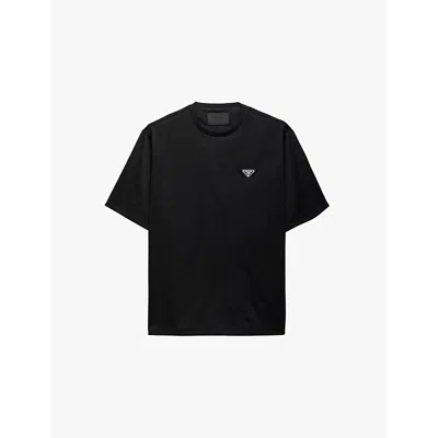 Prada Mens Black Brand-plaque Oversized-fit Recycled-polyester T-shirt