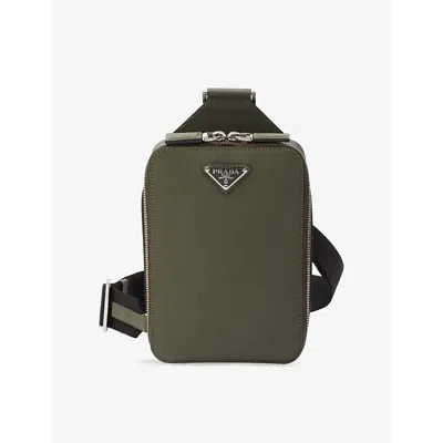 Prada Mens Green Brique Saffiano Logo-plaque Leather Shoulder Bag