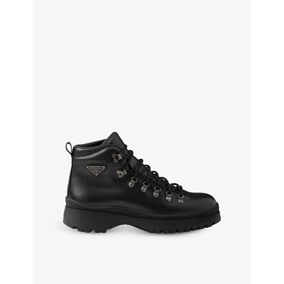 PRADA MENS BLACK BRIXXEN TRIANGLE-PLAQUE LEATHER ANKLE BOOTS EUR 41 / 7 UK