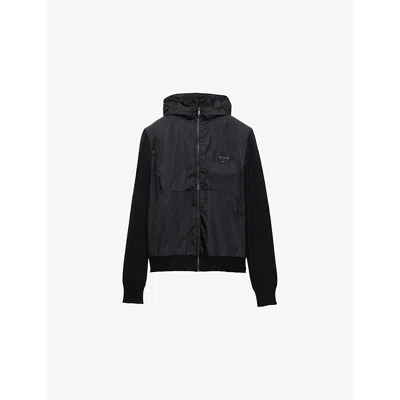 PRADA MENS PRADA HOODED TRIANGLE-LOGO CASHMERE AND WOOL CARDIGAN