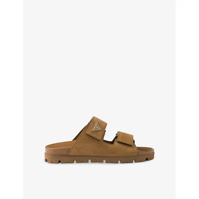 Prada Mens Brown Logo-embellished Suede Sandals Eur 42 / 8 Uk