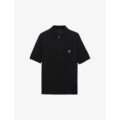 Prada Mens  Logo-embroidered Short-sleeved Wool Polo Shirt In Black