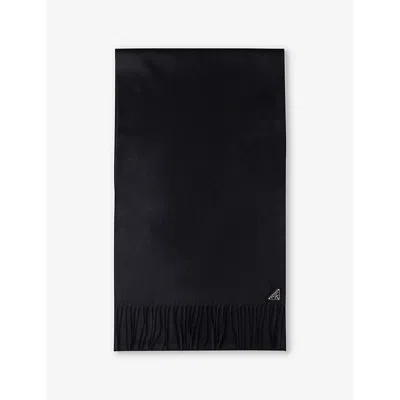 PRADA MENS BLACK LOGO-PLAQUE FRINGED-TRIM SILK AND CASHMERE-BLEND SCARF