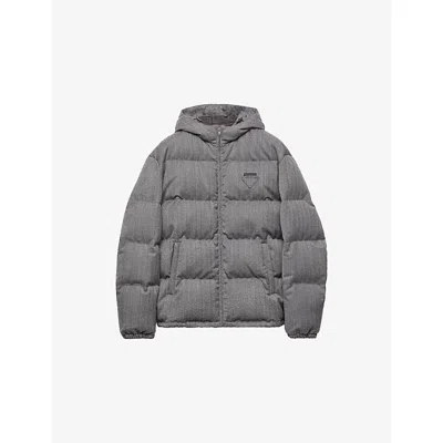 PRADA MENS GREY LOGO-PLAQUE HOODED WOOL SHELL-DOWN JACKET