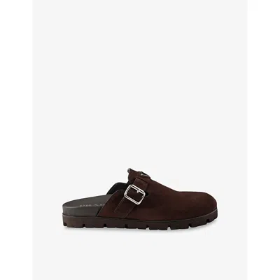 Prada Mens  Logo-plaque Suede Mules In Brown