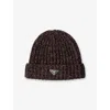 Prada Mens Blue Logo-plaque Wool And Cashmere-blend Beanie Hat In Brown