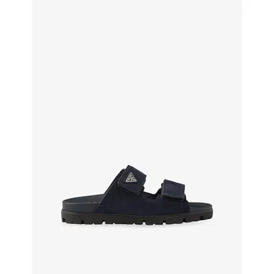 Prada Mens Blue Logo-embellished Suede Sandals Eur 43 / 9 Uk