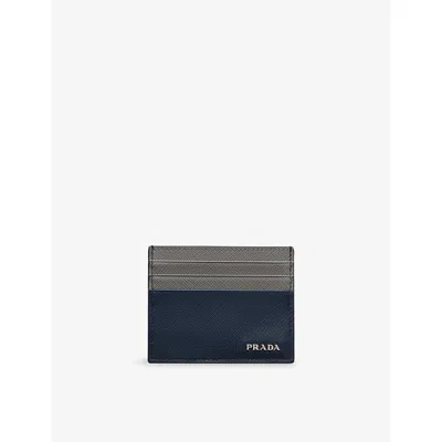 Prada Mens  Logo-plaque Saffiano Leather Card Holder In Blue