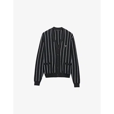 Prada Mens Black Stripe Embroidered-logo Wool Cardigan
