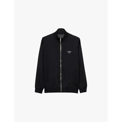 Prada Mens Black Superfine Triangle-logo Wool Knitted Cardigan