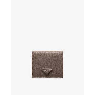 PRADA MENS GREY TRIANGLE-LOGO GRAINED LEATHER WALLET