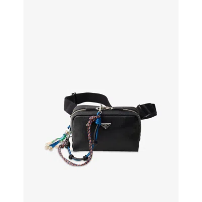 Prada Mens Black Triangle-logo Leather Shoulder Bag With Charm