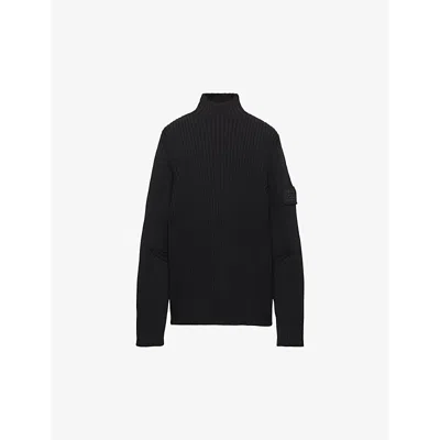 PRADA MENS BLACK TURTLENECK TRIANGLE-LOGO RIBBED WOOL KNITTED JUMPER
