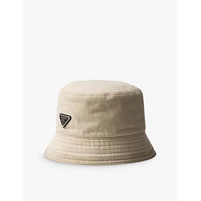 Prada Mens Neutral Worn Bull Logo-plaque Denim Bucket Hat