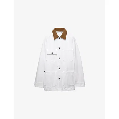 Prada Mens White Leather-collar Boxy-fit Cotton-canvas Jacket Xs
