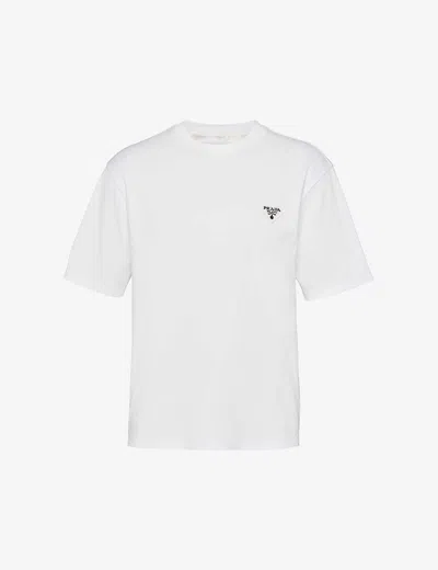 Prada Mens White Logo-patch Crewneck Cotton T-shirt Xl