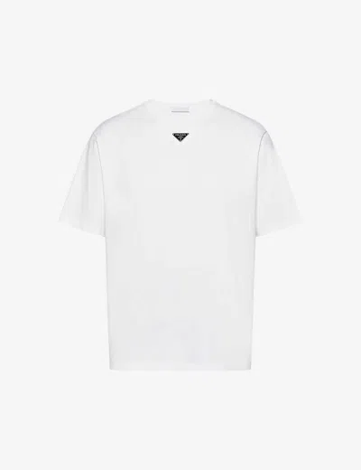 PRADA MENS WHITE LOGO-PLAQUE CREWNECK COTTON T-SHIRT XL