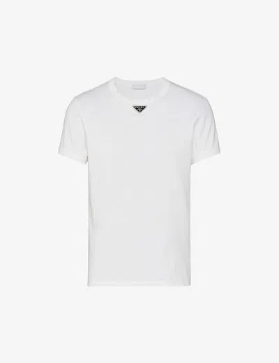 PRADA MENS WHITE LOGO-PLAQUE CREWNECK SLIM-FIT COTTON T-SHIRT XXL