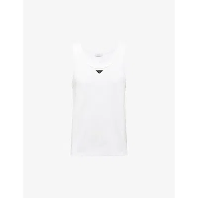 Prada Mens White Logo-plaque Crewneck Slim-fit Cotton Vest Xxxl