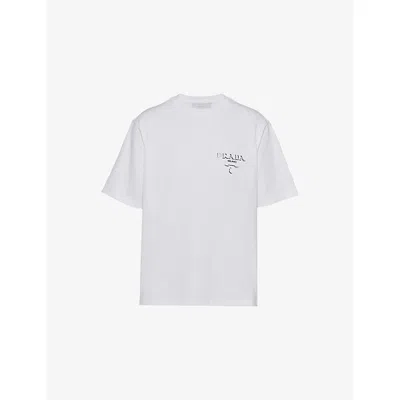 PRADA MENS WHITE LOGO-PRINT DROPPED-SHOULDER COTTON-JERSEY T-SHIRT