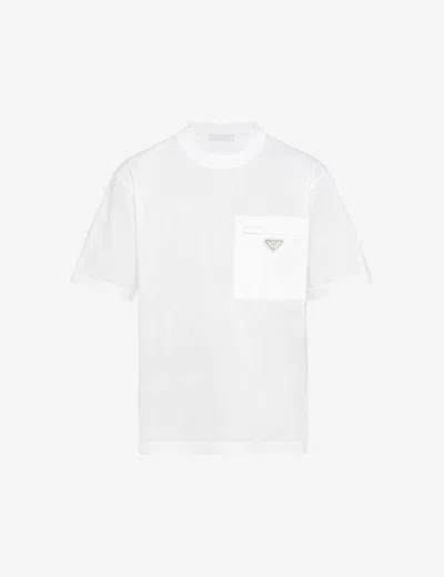 PRADA MENS WHITE RE-NYLON BRAND-PLAQUE COTTON AND NYLON T-SHIRT