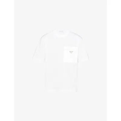 Prada Mens White Re-nylon Logo-plaque Cotton-jersey T-shirt In Black