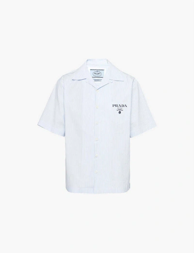 Prada Mens White Striped Short-sleeved Cotton Shirt