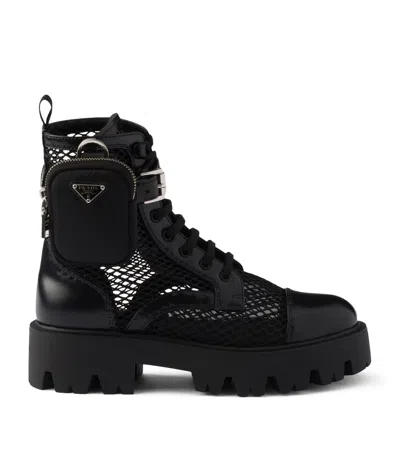 Prada Mesh And Leather Monolith Boots With Pouch In Black